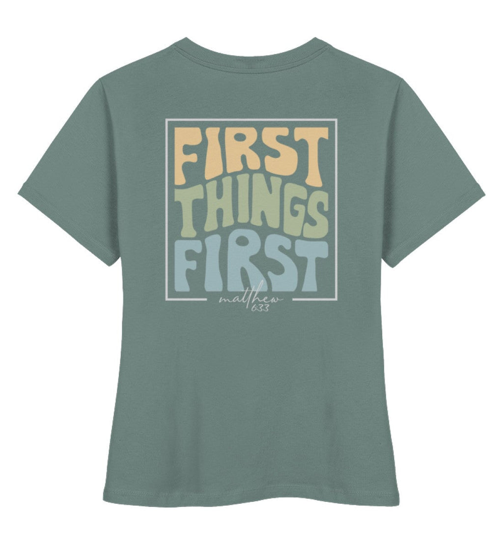 FIRST THINGS FIRST STREETWEAR FRAUEN SHIRT BACKPRINT Stella Muser Shirt ST/ST Shirtee Fjordgrün XS 