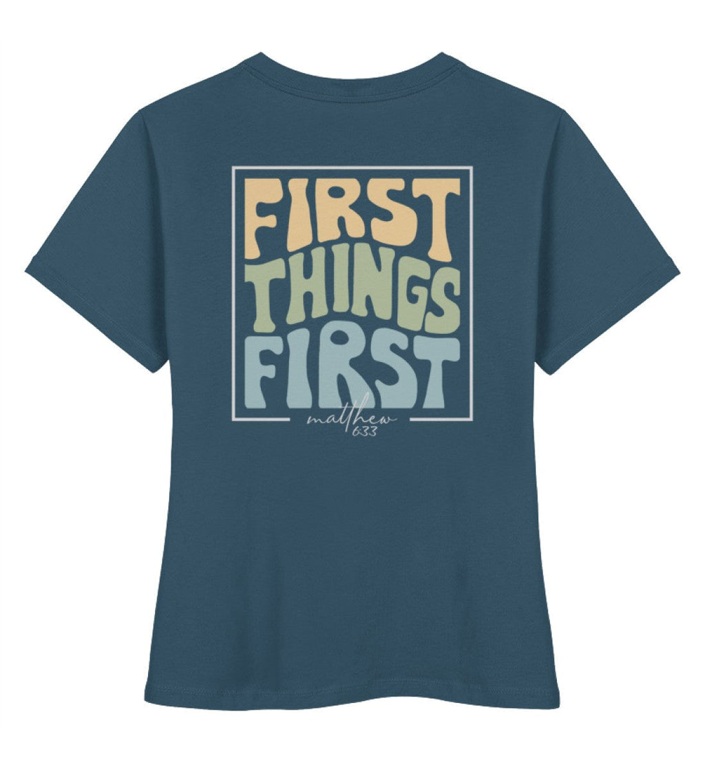 FIRST THINGS FIRST STREETWEAR FRAUEN SHIRT BACKPRINT Stella Muser Shirt ST/ST Shirtee Schieferblau XS 