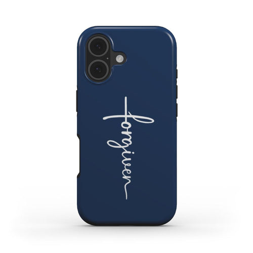 Christliche Handyhülle FORGIVEN in dunkelblau mit weißer Schrift und Kreuz-Design – Vorderseite