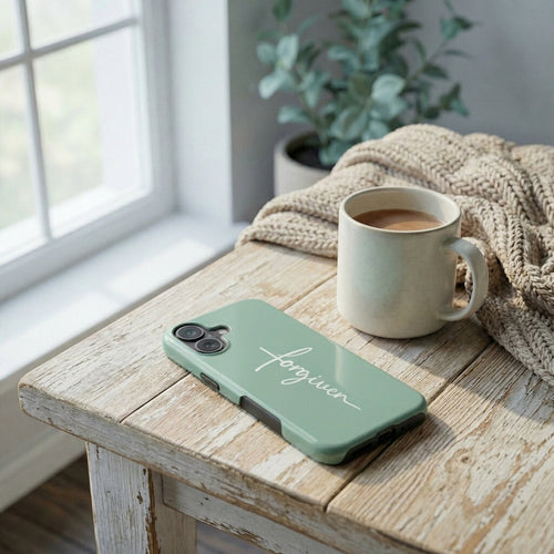 Handyhülle Glaube FORGIVEN in Eukalyptus auf rustikalem Holztisch neben Kaffeetasse – Lifestyle