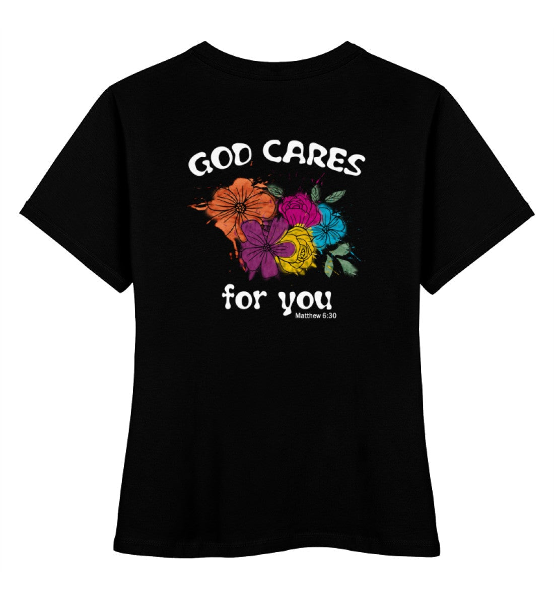 GOD CARES FRAUEN SHIRT BACKPRINT - Damen Premium Organic Shirt Stella Muser Shirt ST/ST Shirtee Black XS 