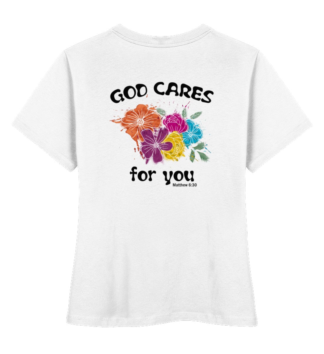 GOD CARES FRAUEN SHIRT BACKPRINT - Damen Premium Organic Shirt Stella Muser Shirt ST/ST Shirtee White XS 