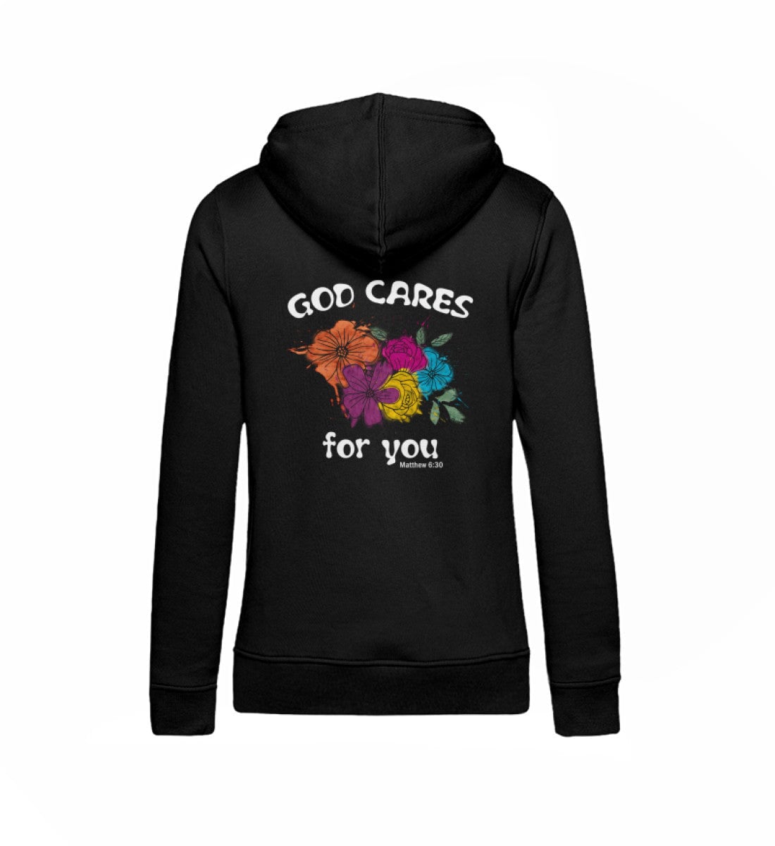 GOD CARES STREETWEAR FRAUEN HOODIE BACKPRINT Damen Organic Hoodie B&C Shirtee Schwarz XS 