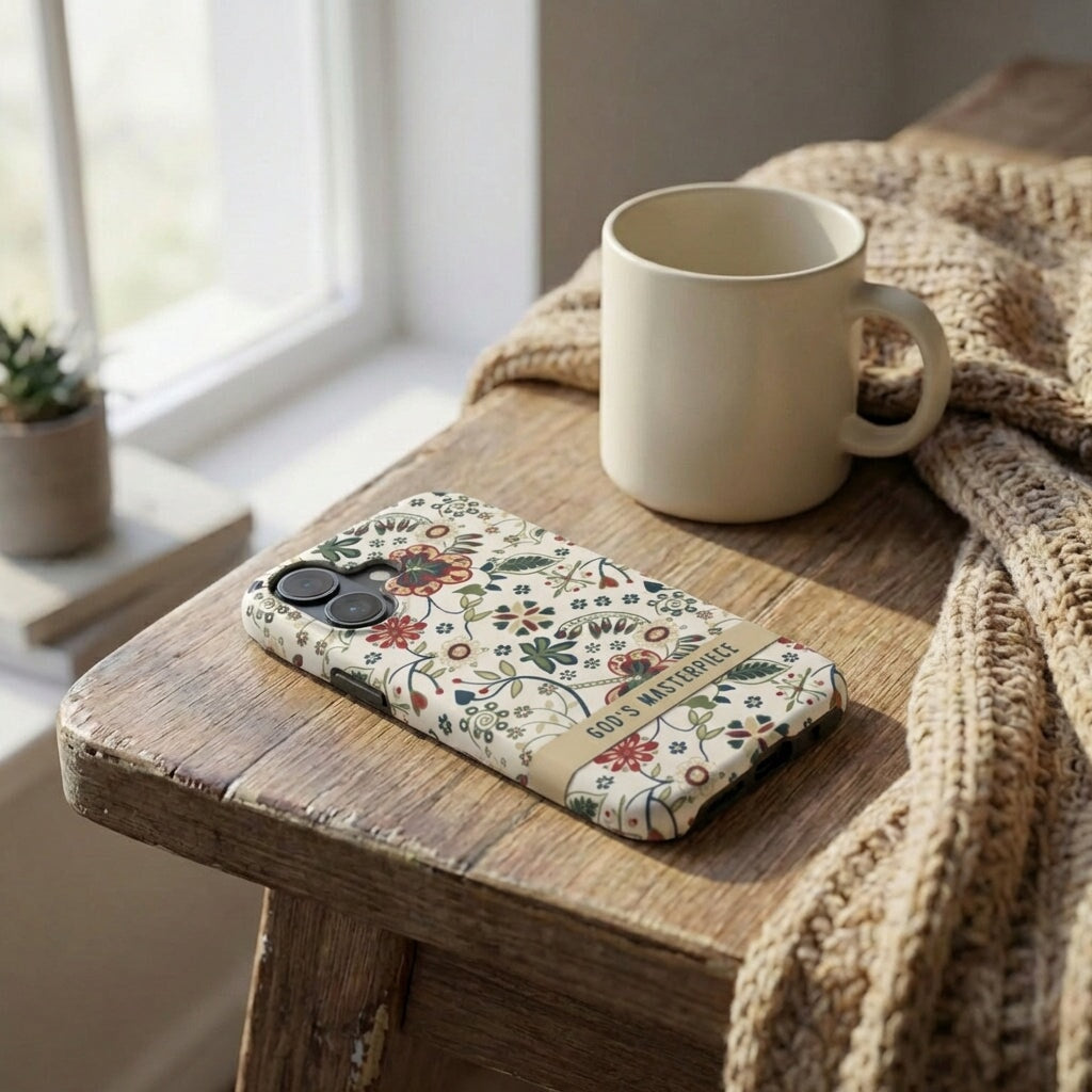 Robuste Handyhülle in Creme mit God's Masterpiece Schriftzug und floralen Mustern auf Holzhocker neben Tasse – Lifestyle