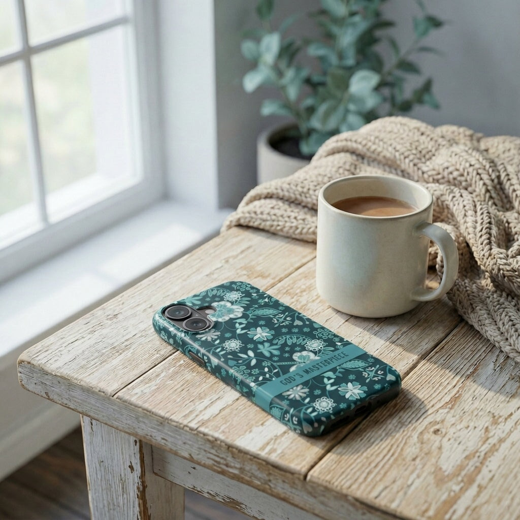 Robuste Handyhülle God's Masterpiece in Petrol mit floralen Mustern liegt auf Holztisch neben Tasse und Strickdecke – Lifestyle
