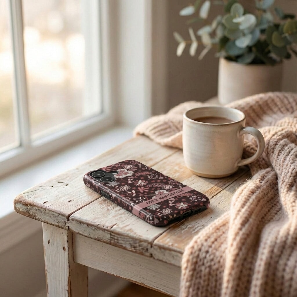 Robuste Handyhülle God's Masterpiece in Bordeaux mit floralem Muster liegt auf Holztisch neben Tasse – Lifestyle