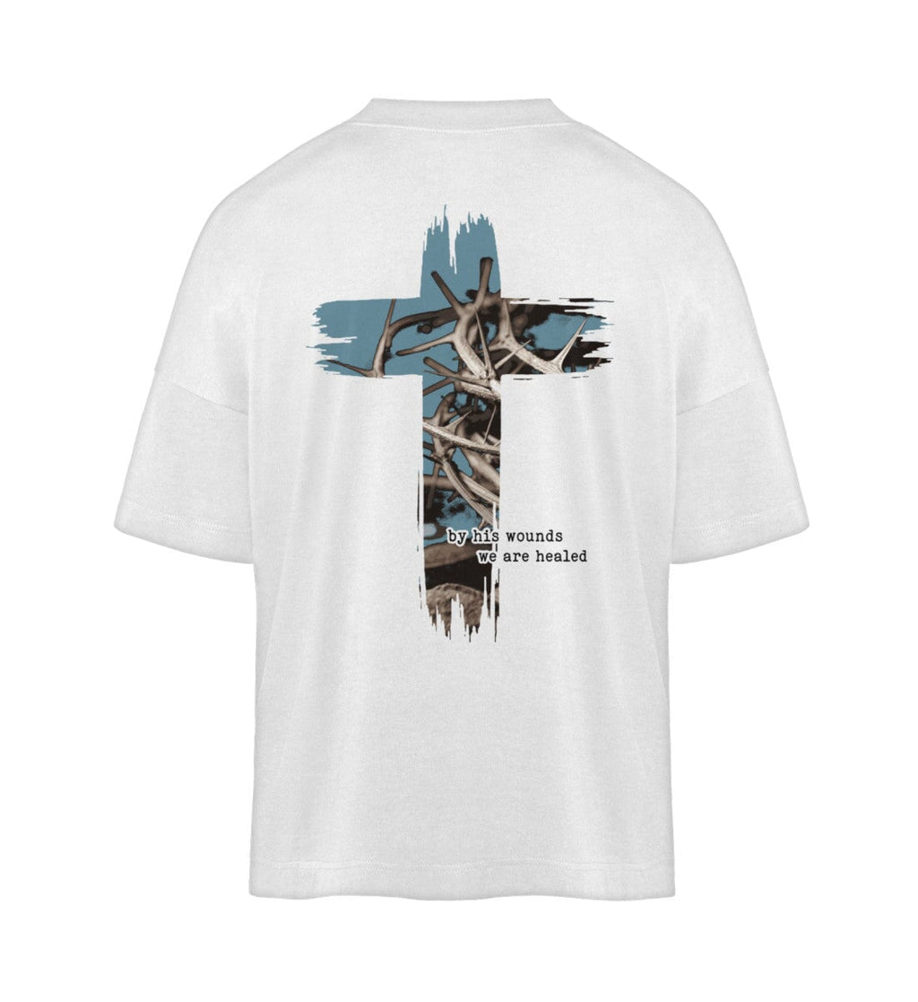 HEALED BY HIS WOUNDS STREETWEAR SHIRT BACKPRINT - Organic Oversized Shirt ST/ST Blaster Oversized Shirt ST/ST Shirtee White S 